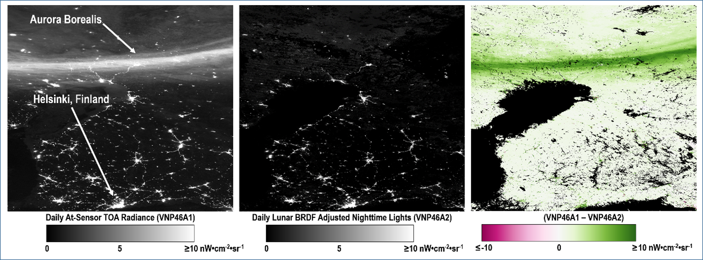 VNP46 product suite components for a 10° x 10° Level 3 tile over Sweden and Finland (h20v02; DOY 2013-080). The half-moon-illuminated and 30% cloud-contaminated scene is shown to capture extraneous light emissions north of the Gulf of Bothnia caused by the Aurora Borealis.